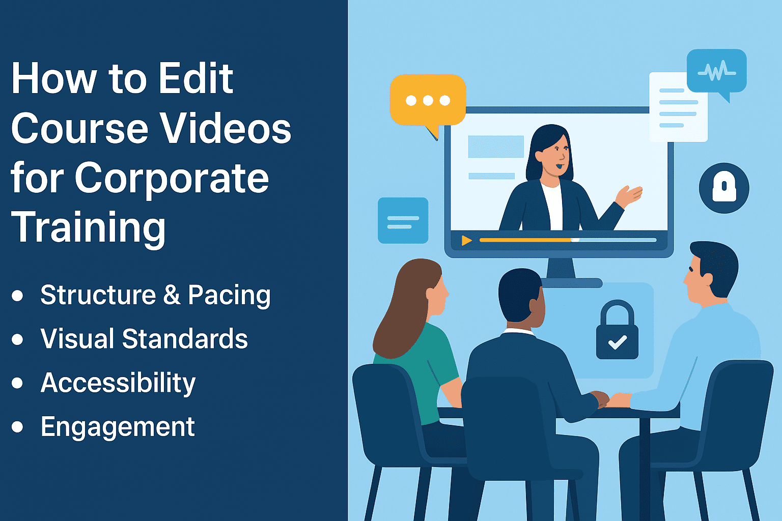 Corporate team watching a branded training video with captions, chapter markers, and compliance icons.”