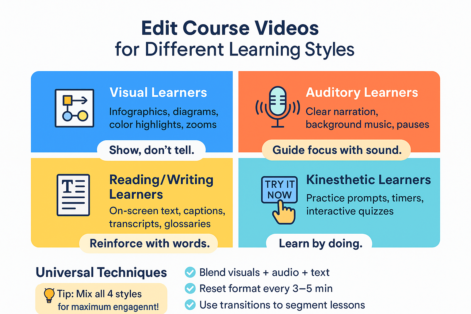 Editor assembling a lesson with visuals, captions, narration waveforms, and interactive prompts on a timeline.