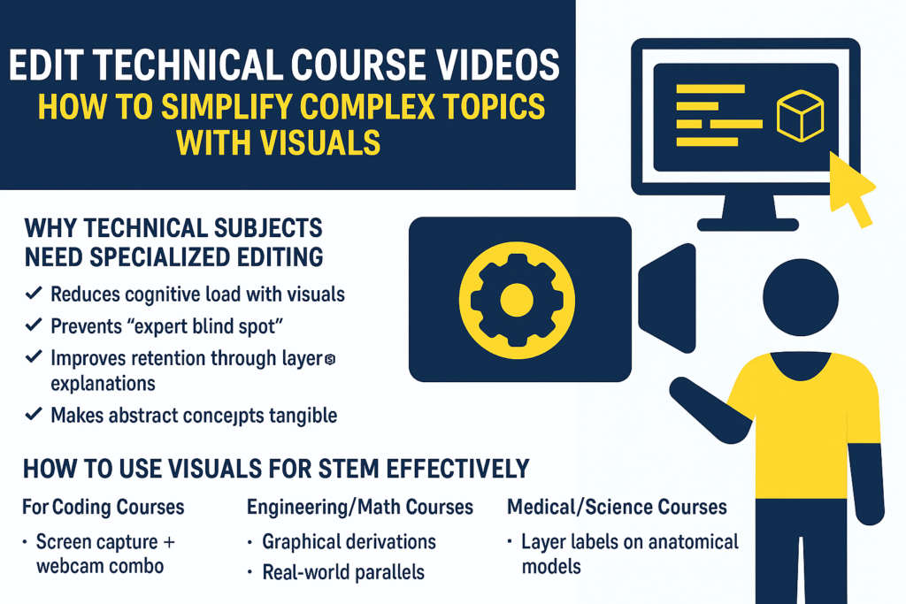 Landscape infographic on editing technical course videos using visuals to simplify complex topics, with icons of a gear, computer, and lightbulb in blue and yellow theme.