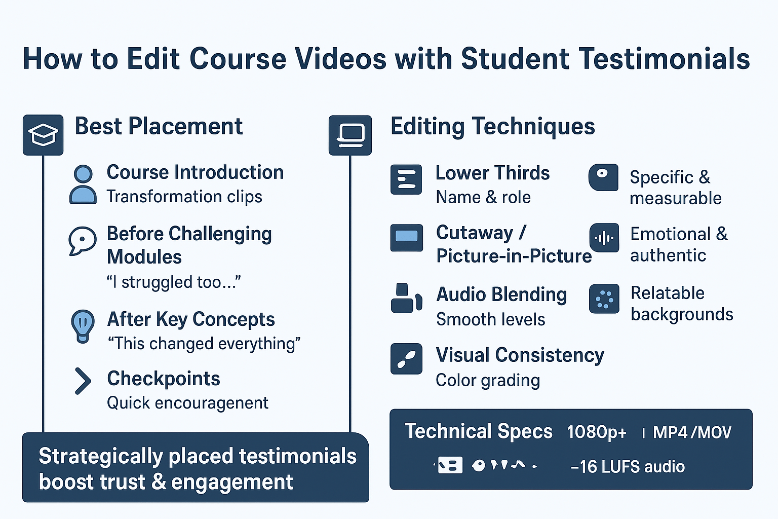 Course video editor integrating student testimonial clips with branded overlays and on-screen graphics.