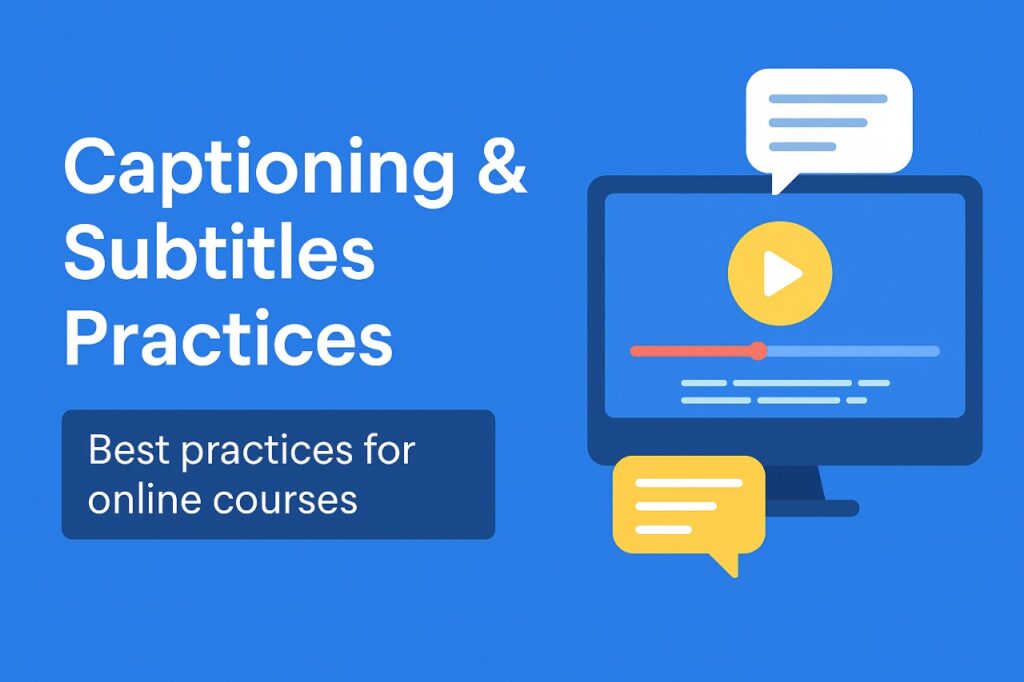 Instructor editing video captions for an online course on a laptop