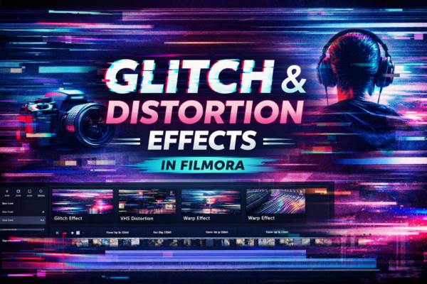Glitch and distortion effects in Filmora with digital RGB split visuals, camera, and video editing interface