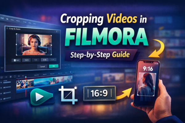 Interface of Wondershare Filmora showing the Crop and Zoom tool used to crop a video frame step by step.