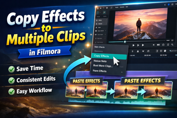 Copy effects to multiple clips in Filmora tutorial showing copy paste effects workflow in video editing timeline