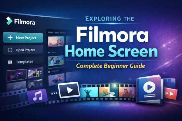 Filmora Home Screen interface showing new project, templates, and editing options in Wondershare Filmora video editor.