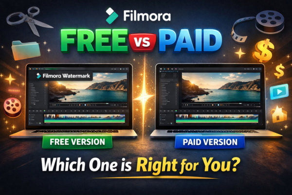 Comparison of Filmora Free vs Paid Version showing watermark on free version and clean export in paid version with the question Which One is Right for You
