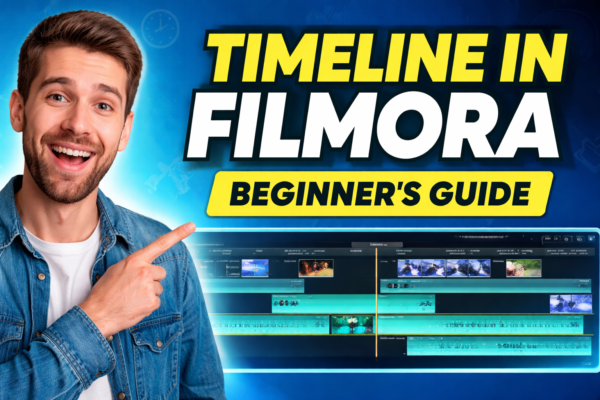 Timeline in Filmora tutorial thumbnail showing a man pointing at Filmora timeline with text "Timeline in Filmora Beginner's Guide