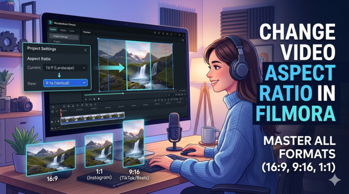 Changing video aspect ratio in Filmora tutorial showing 16:9, 1:1 and 9:16 video formats
