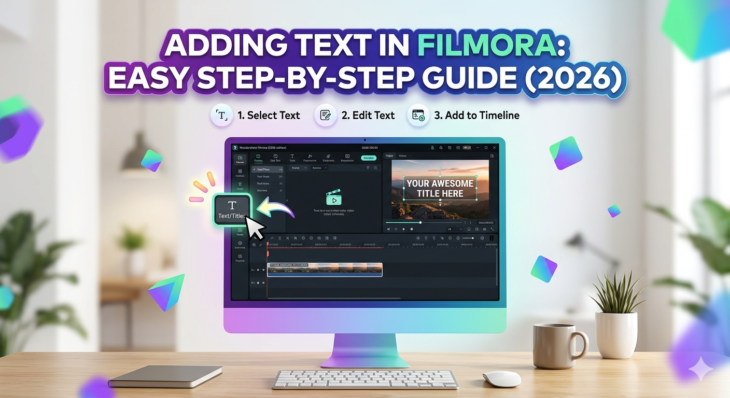 A high-quality featured image for a blog post titled "Adding Text in Filmora: Easy Step-by-Step Guide (2026)." The image depicts a modern, clean workspace with a desktop computer showing the Filmora video editing interface on the screen.