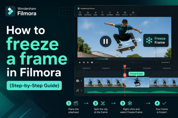How to freeze a frame in Filmora step-by-step guide featuring the Filmora editing interface with a paused video frame and freeze frame option highlighted.
