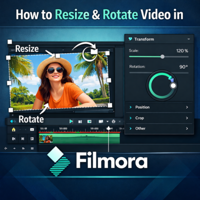 Tutorial interface showing how to resize and rotate video clips in Wondershare Filmora using transform editing tools.