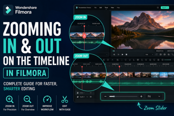 Filmora timeline zooming tutorial featured image showing zoom in and zoom out controls on video editing timeline