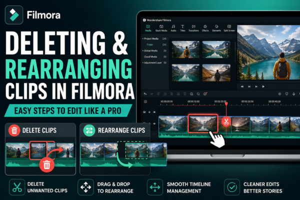 Video editing timeline showing clips being deleted and rearranged in a modern editing software interface with cinematic design elements
