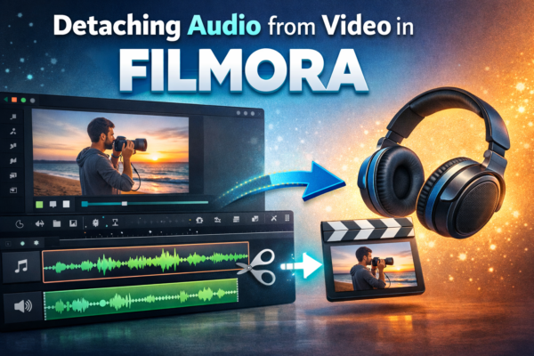 Filmora interface showing how to detach audio from video with separated audio track and editing tools