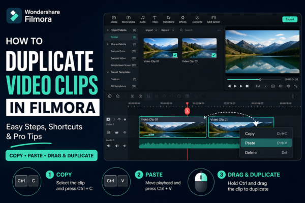 Tutorial thumbnail showing how to duplicate video clips in Filmora with copy, paste, and drag methods in a video editing timeline interface.