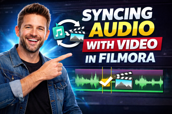 Syncing audio with video in Filmora tutorial with waveform timeline and editor pointing at text