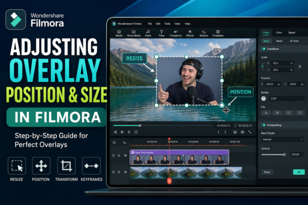 Adjusting overlay position and size in Filmora using transform tools and resize handles