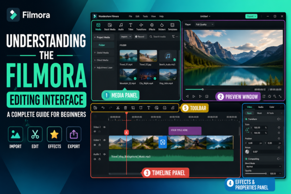 Wide high-resolution featured image showing a Filmora editing interface tutorial layout with labeled panels including media panel, timeline, preview window, toolbar, and effects panel in a modern video editing workspace design.