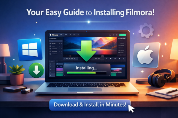 How to install Filmora on Windows and Mac step-by-step tutorial showing Filmora video editing software installation.
