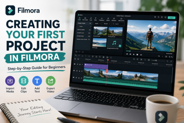 Creating your first project in Filmora video editing tutorial thumbnail showing Filmora interface, timeline editing, and beginner guide layout