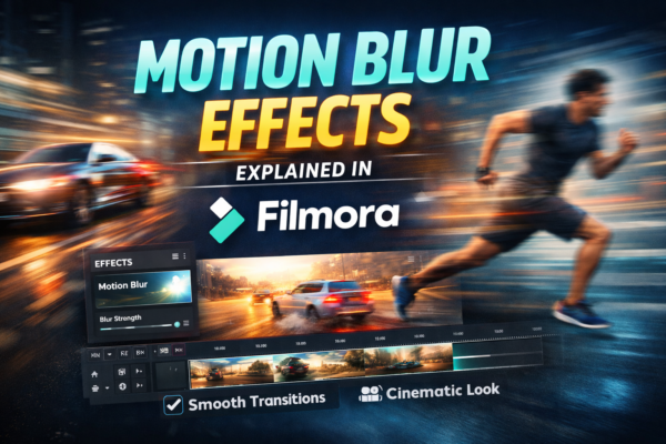 Motion blur effect demonstration in Filmora showing a running person and moving car with cinematic blur and editing interface