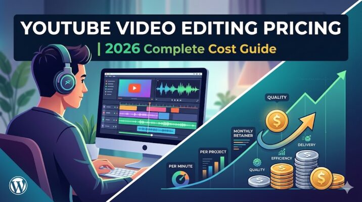 YouTube video editing pricing 2026 complete cost guide showing editor working on timeline with pricing models per minute per project and monthly retainer