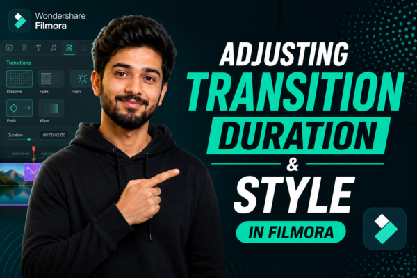 Young man pointing at text “Adjusting Transition Duration & Style in Filmora” with Filmora transition editing interface in the background.