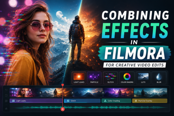 A vibrant feature image showing a Filmora editing workspace with multiple video effects combined, including light leaks, glitch effects, particles, color grading, LUTs, and blur effects, alongside a creative cinematic video scene.