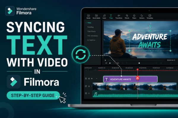 Syncing text with video in Filmora using the timeline editor, showing perfectly aligned text overlays and video clips in a step-by-step editing tutorial.
