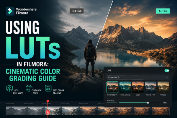 Using LUTs in Filmora for cinematic color grading, showing a video editor applying color presets to transform flat footage into a professional movie-style look.