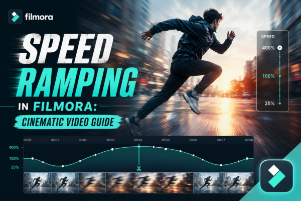 Speed ramping in Filmora showing a fast-running athlete with cinematic motion blur, speed control graph, and timeline keyframes for creating dramatic video effects.