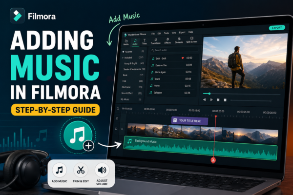 Adding music in Filmora step-by-step guide showing Filmora audio editing interface with background music timeline and editing tools.