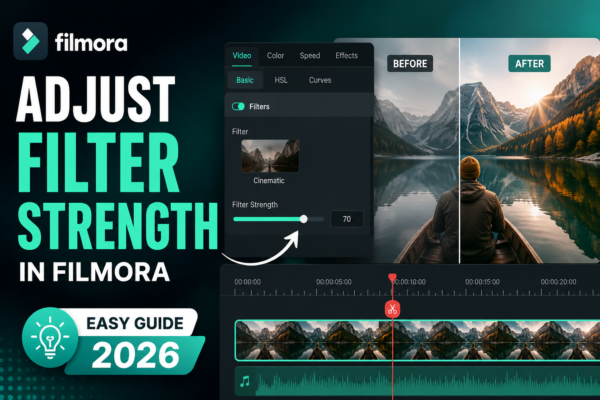 Filmora interface showing how to adjust filter strength with before and after video preview in an easy 2026 editing guide.
