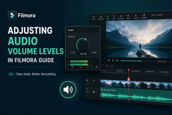 Adjusting audio volume levels in Filmora with audio mixer controls, volume sliders, waveform timeline, and video editing interface for balanced sound production.