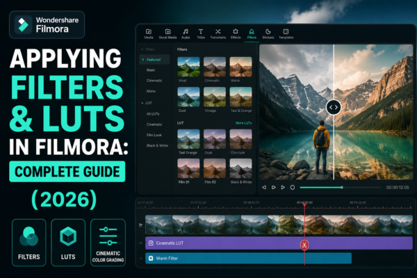 Applying Filters and LUTs in Filmora Complete Guide 2026 feature image showing Filmora editing interface with cinematic color grading, filters panel, LUT presets, and before-and-after video preview.
