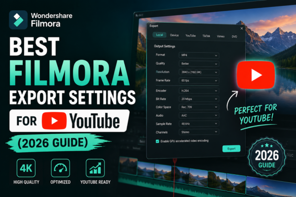 Best Filmora export settings for YouTube in 2026 featuring Filmora export panel, 4K settings, YouTube logo, and optimized video export options.