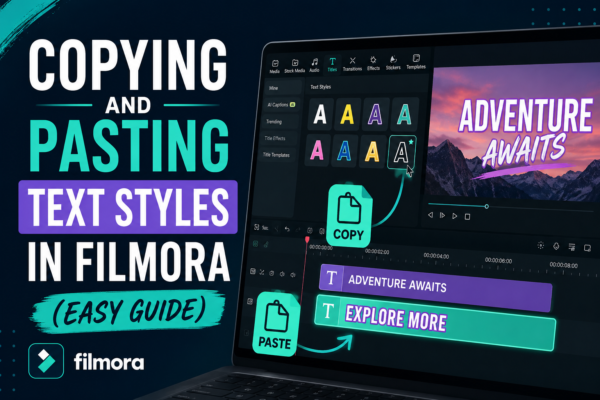 Copying and pasting text styles in Filmora interface showing style presets, copy-paste workflow, and customized title designs in a step-by-step editing guide.