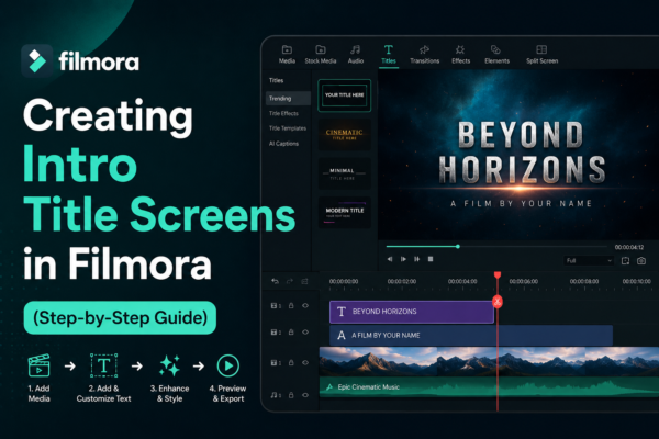 Creating Intro Title Screens in Filmora – step-by-step guide showing a professional video intro title screen being designed in Wondershare Filmora with text animation tools and timeline editing interface.