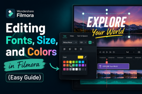 Editing Fonts, Size, and Colors in Filmora interface showing text customization options including font selection, text size adjustment, and color palette for video titles.