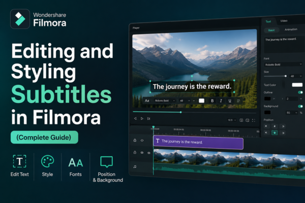 Editing and styling subtitles in Filmora with text customization options, fonts, colors, outlines, and subtitle editing tools.