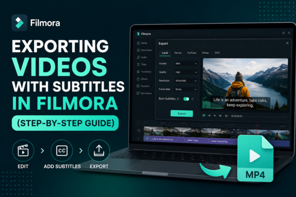 Exporting videos with subtitles in Filmora editor interface showing subtitle track, export settings, and SRT subtitle file options.
