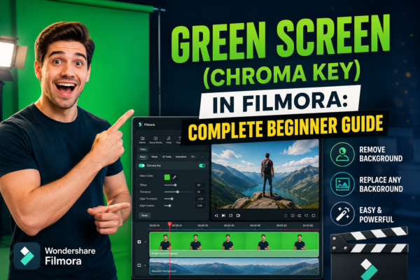 Beginner using Filmora’s green screen (chroma key) feature to remove and replace a video background.