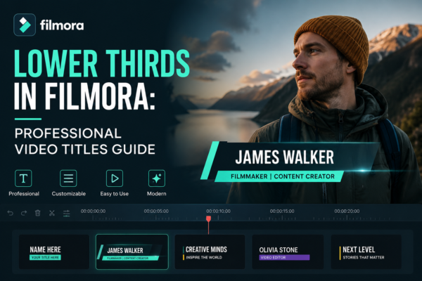 Lower thirds in Filmora tutorial featuring professional video title templates, customizable name tags, and modern lower-third graphics for content creators.