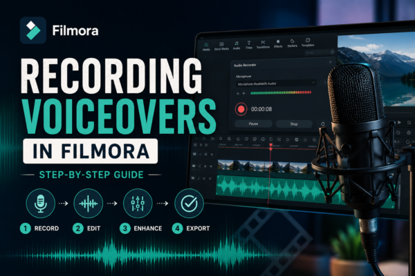 Recording voiceovers in Filmora using the built-in audio recorder with a professional microphone, waveform timeline, and step-by-step editing workflow.