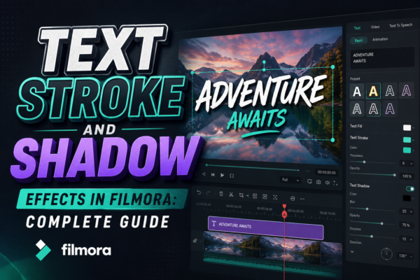 Text Stroke and Shadow Effects in Filmora editing interface showing advanced text customization tools with bold typography, stroke outlines, shadow settings, and video timeline workspace.