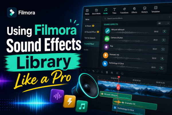 Filmora Sound Effects Library interface displaying a variety of audio effects with a video editor previewing sound enhancements for professional video production.