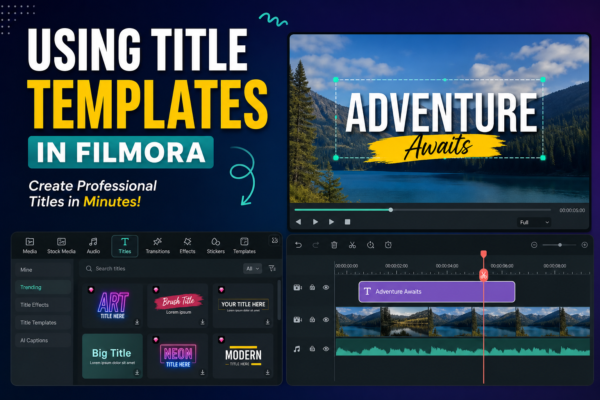 Modern video editing workspace showing Filmora-style interface with title templates, animated text effects, and timeline editing for professional video production.