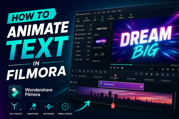Animating text in Filmora interface showing title effects, keyframes, and timeline editing