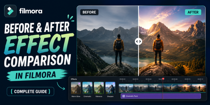 Before and after effect comparison in Filmora showing cinematic color grading transformation with split-screen editing preview and Filmora timeline interface.