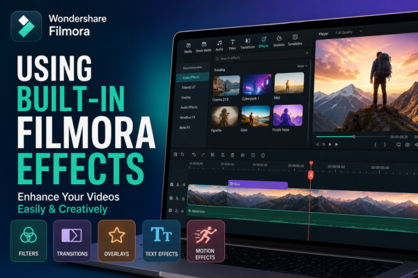 Filmora video editing interface showing built-in effects like filters, transitions, overlays, and motion tools on a laptop screen with a cinematic mountain video preview